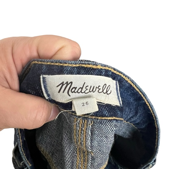 Madewell Rigid Denim Straight Mini Skirt Raw Hem Blue Distressed Stretch Size 26 - Picture 8 of 9